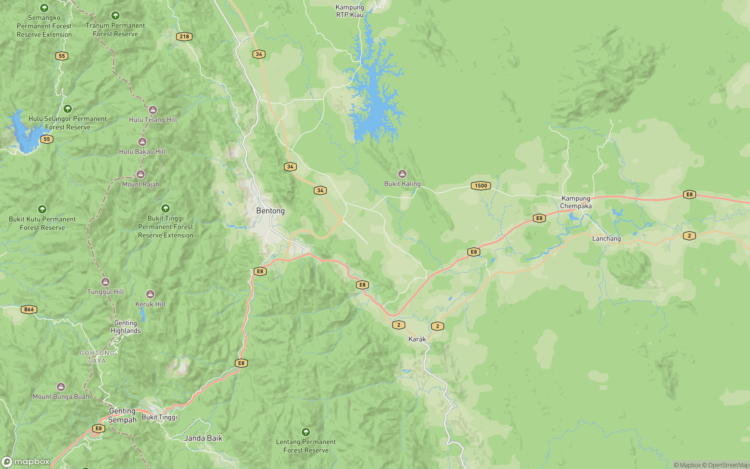 Terrain map of the Karak and Bentong area around Cinta Manis Eco Resort