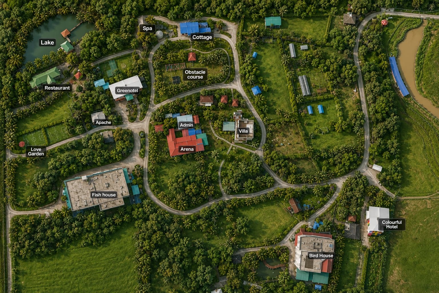 Aerial map of Cinta Manis Eco Resort showing the Lake, Restaurant, Spa, Cottage, Greenotel, Apache, Love Garden, Obstacle course, Admin, Arena, Villa, Fish house, Bird House and Colourful Hotel